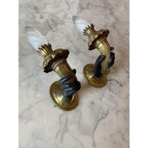 A Rare Pair Of Bronze Candlesticks In The Empire And Return From Egypt Styles—19th Century