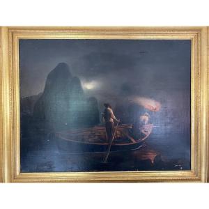 Large Nocturnal Seascape – Fishermen By Lantern Light – 19th Century