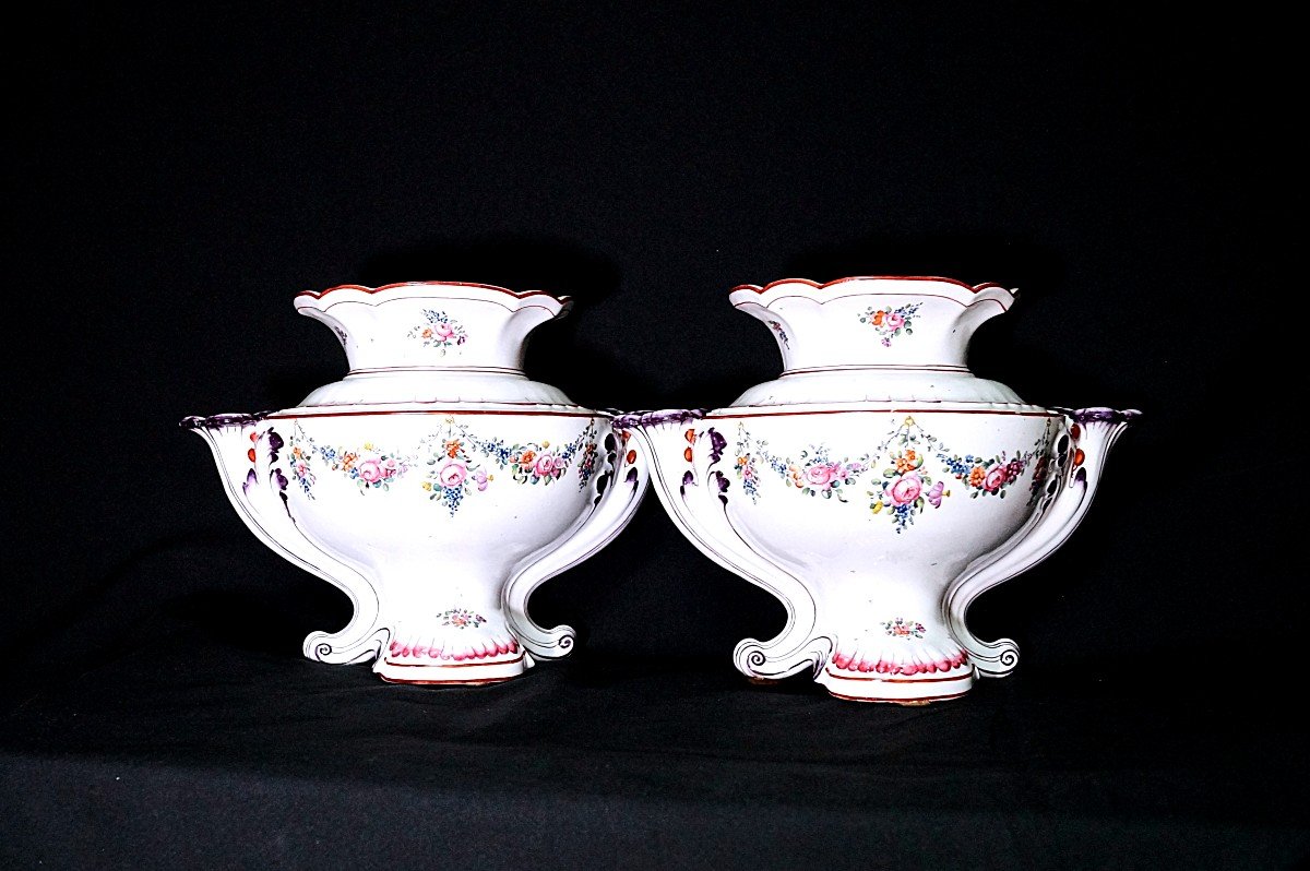 Pair Of Bouquetières In Earthenware From Saint-clément - 18th Century-photo-2