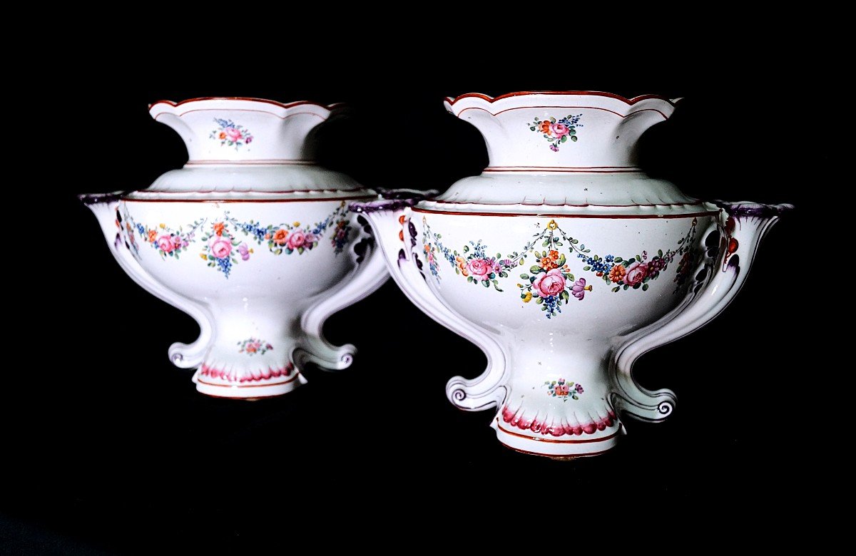 Pair Of Bouquetières In Earthenware From Saint-clément - 18th Century-photo-3