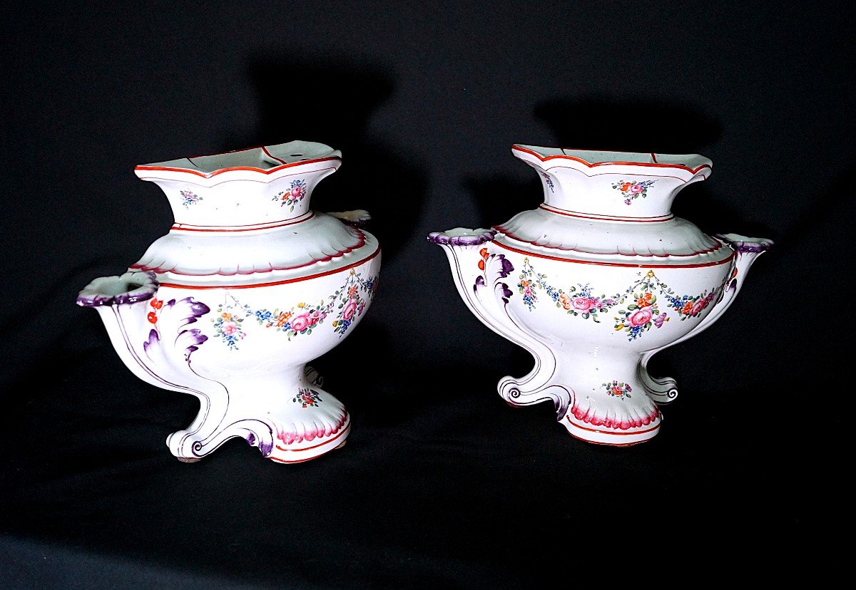 Pair Of Bouquetières In Earthenware From Saint-clément - 18th Century-photo-4