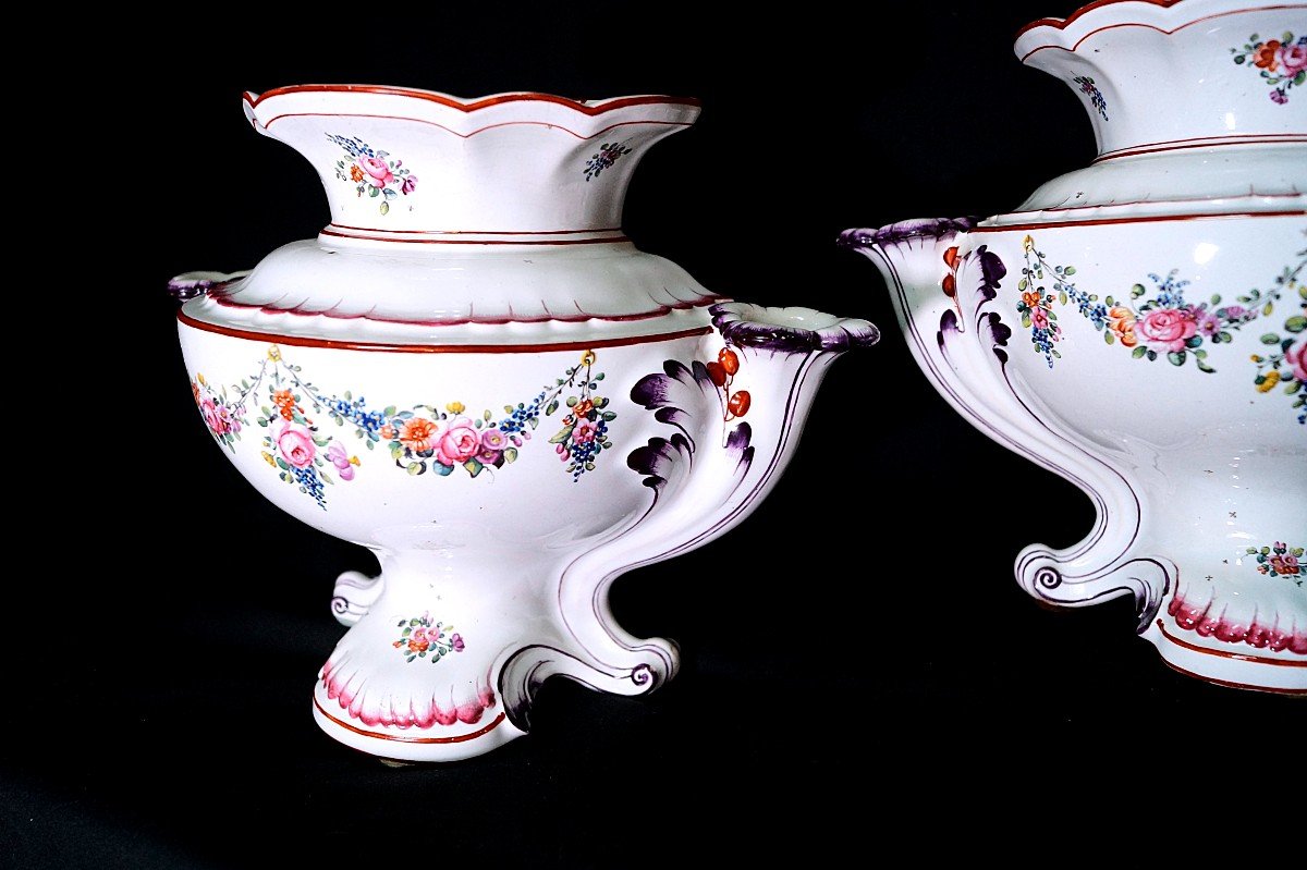 Pair Of Bouquetières In Earthenware From Saint-clément - 18th Century-photo-2