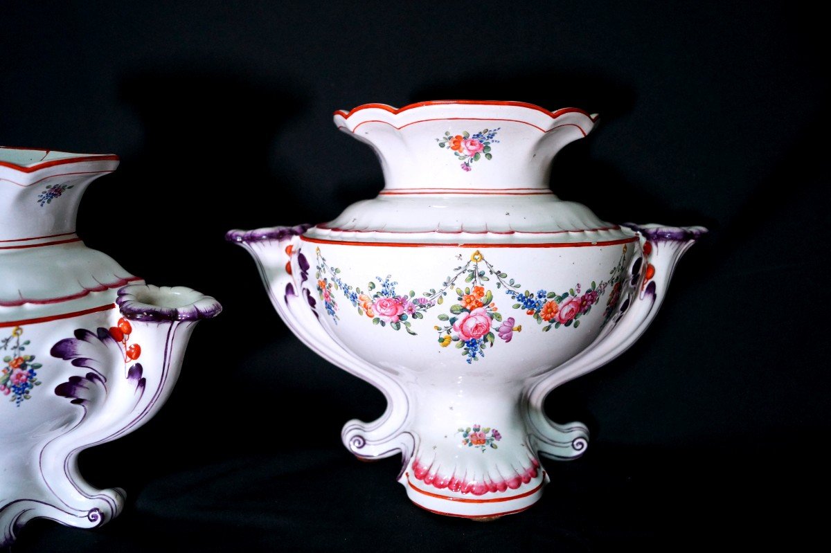 Pair Of Bouquetières In Earthenware From Saint-clément - 18th Century-photo-3