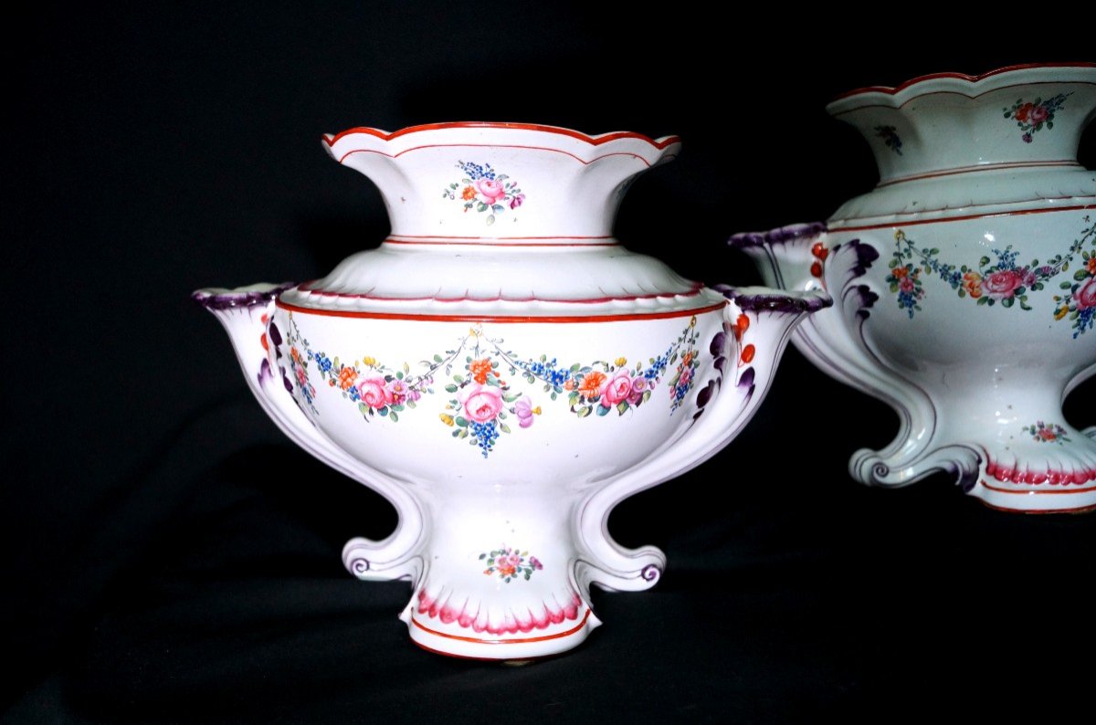 Pair Of Bouquetières In Earthenware From Saint-clément - 18th Century-photo-4