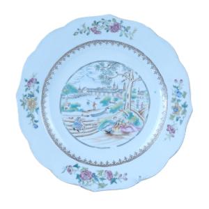 Chinese Porcelain Plate, Famille Rose, European Port Scene, Qianlong, 18th Century