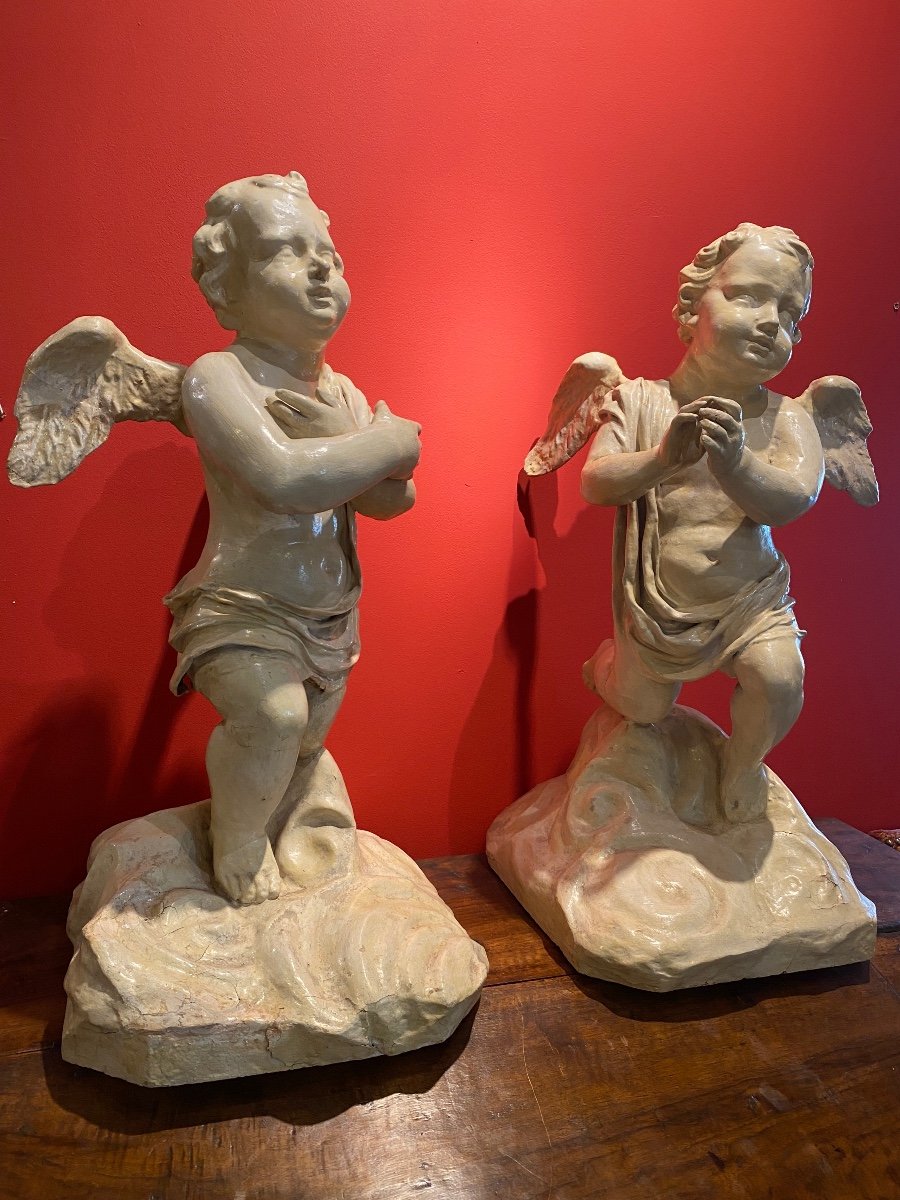 Pairs Of Angels In Paper Mache 18th Sienna-photo-4