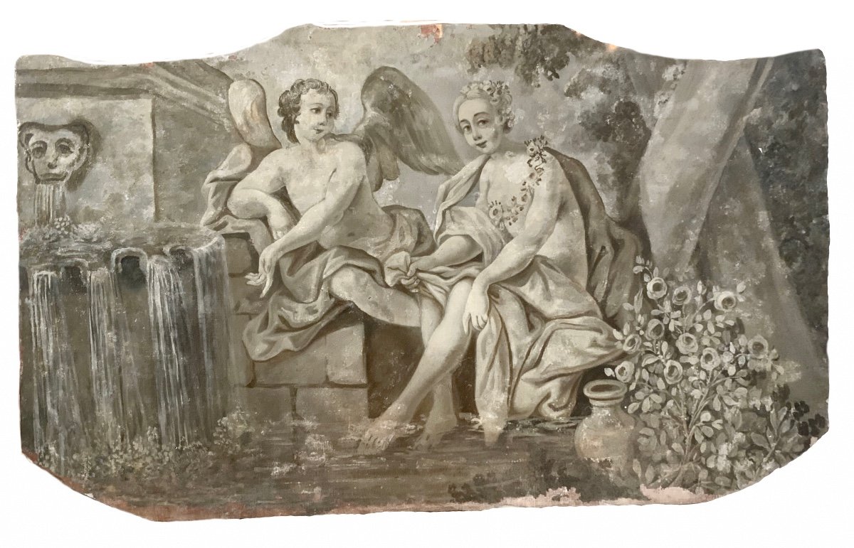Dessus de Porte aux Scènes Galantes, XVIIIe Siècle, Huile sur Toile Marouflée, d’Origine Génois-photo-3