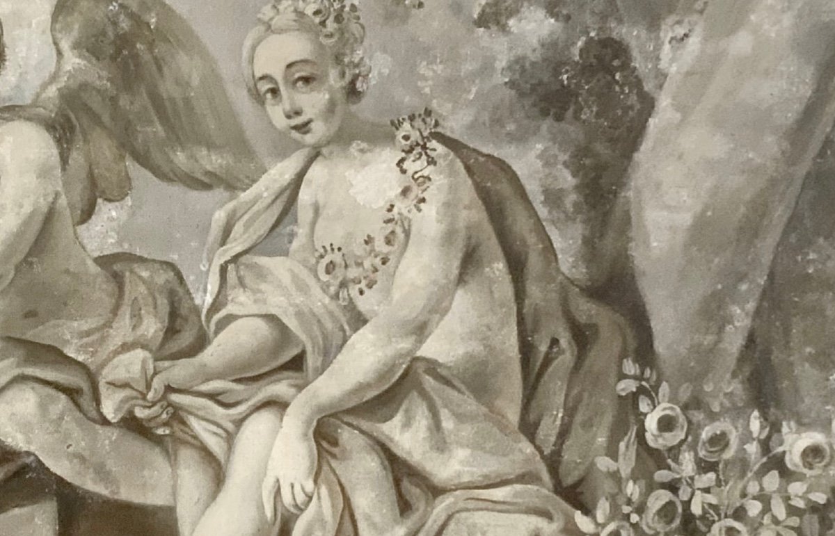 Dessus de Porte aux Scènes Galantes, XVIIIe Siècle, Huile sur Toile Marouflée, d’Origine Génois-photo-4