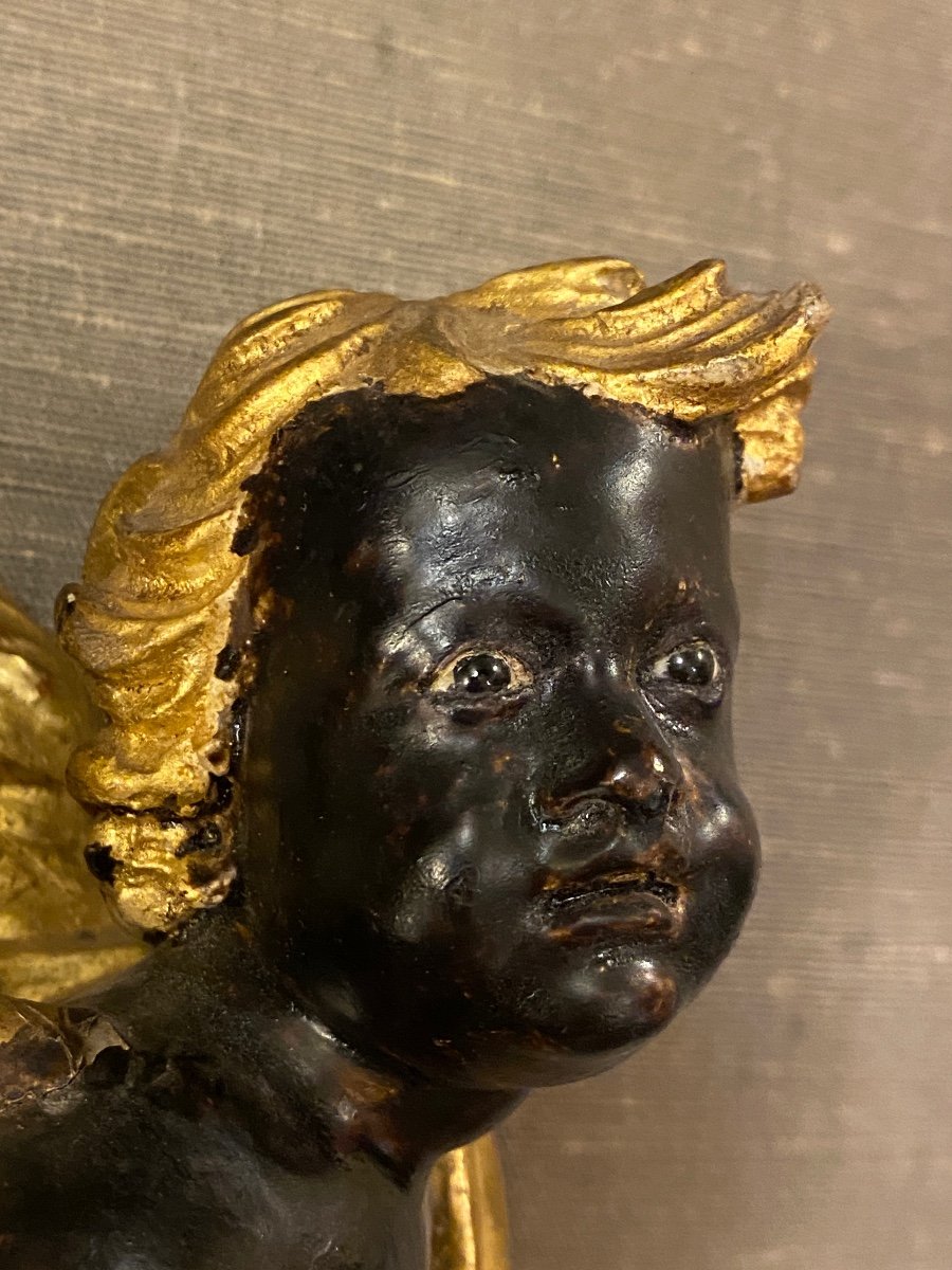 Venetian Cherub And Putto, 18th In Black And Golden Wood-photo-2