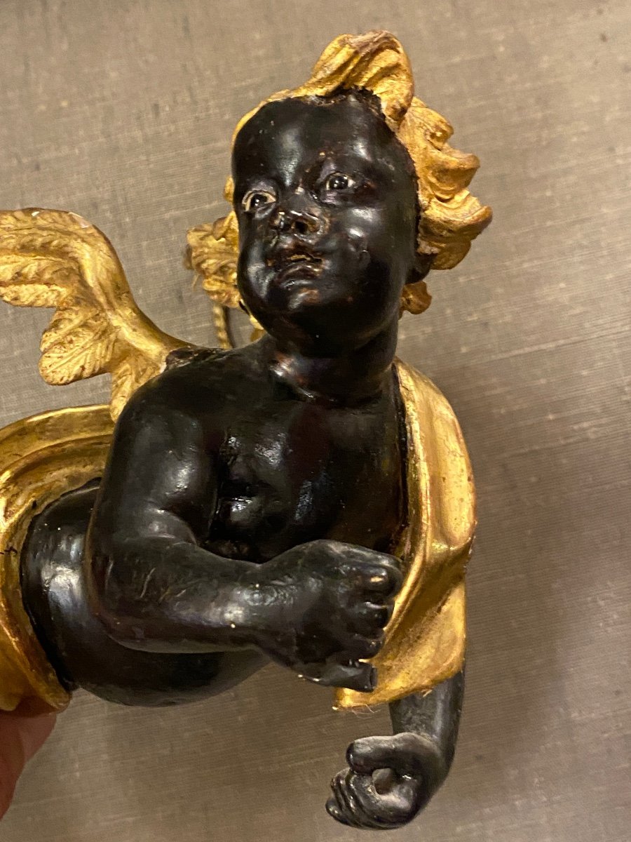 Venetian Cherub And Putto, 18th In Black And Golden Wood-photo-3