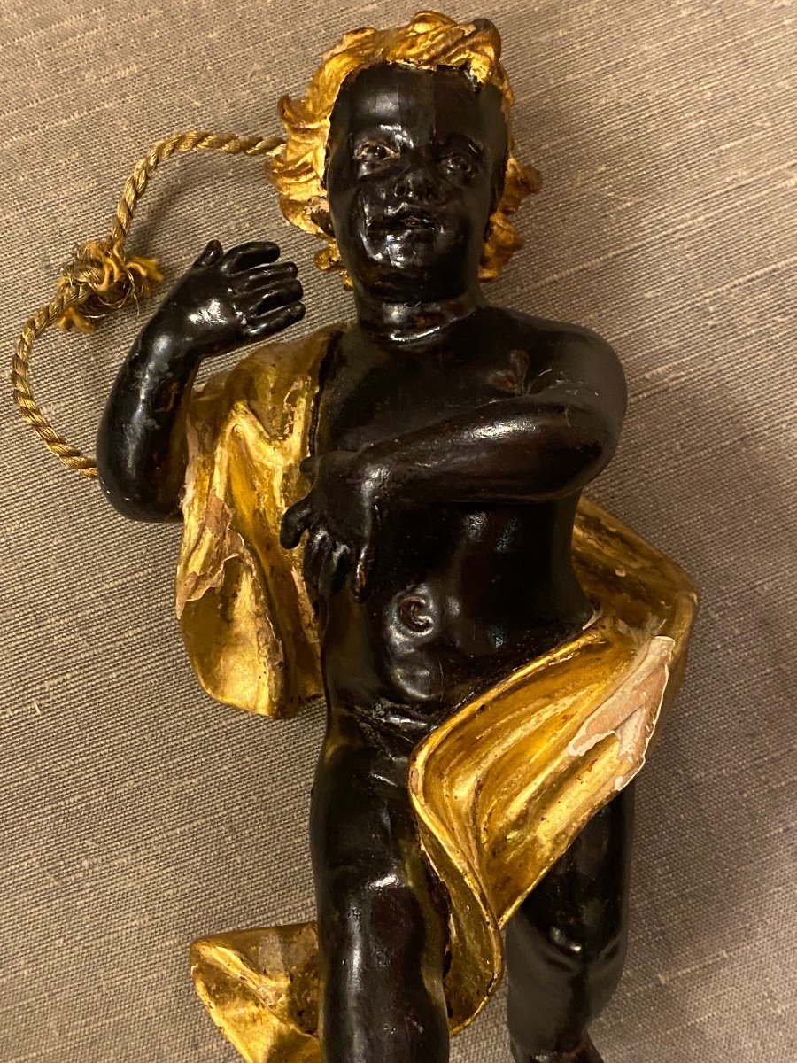 Venetian Cherub And Putto, 18th In Black And Golden Wood-photo-1