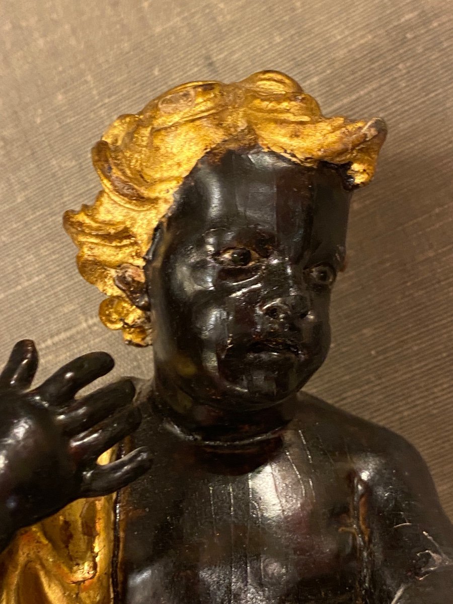 Venetian Cherub And Putto, 18th In Black And Golden Wood-photo-4