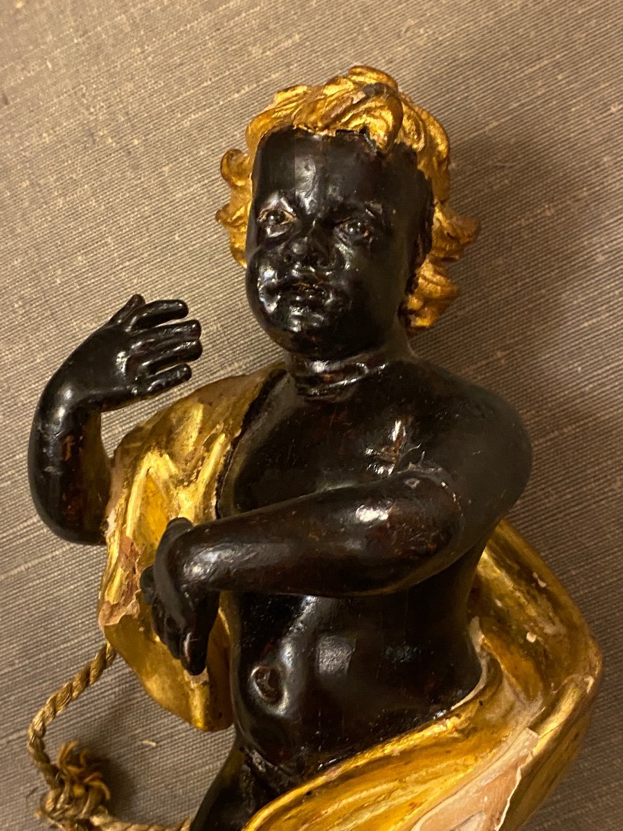 Venetian Cherub And Putto, 18th In Black And Golden Wood-photo-5