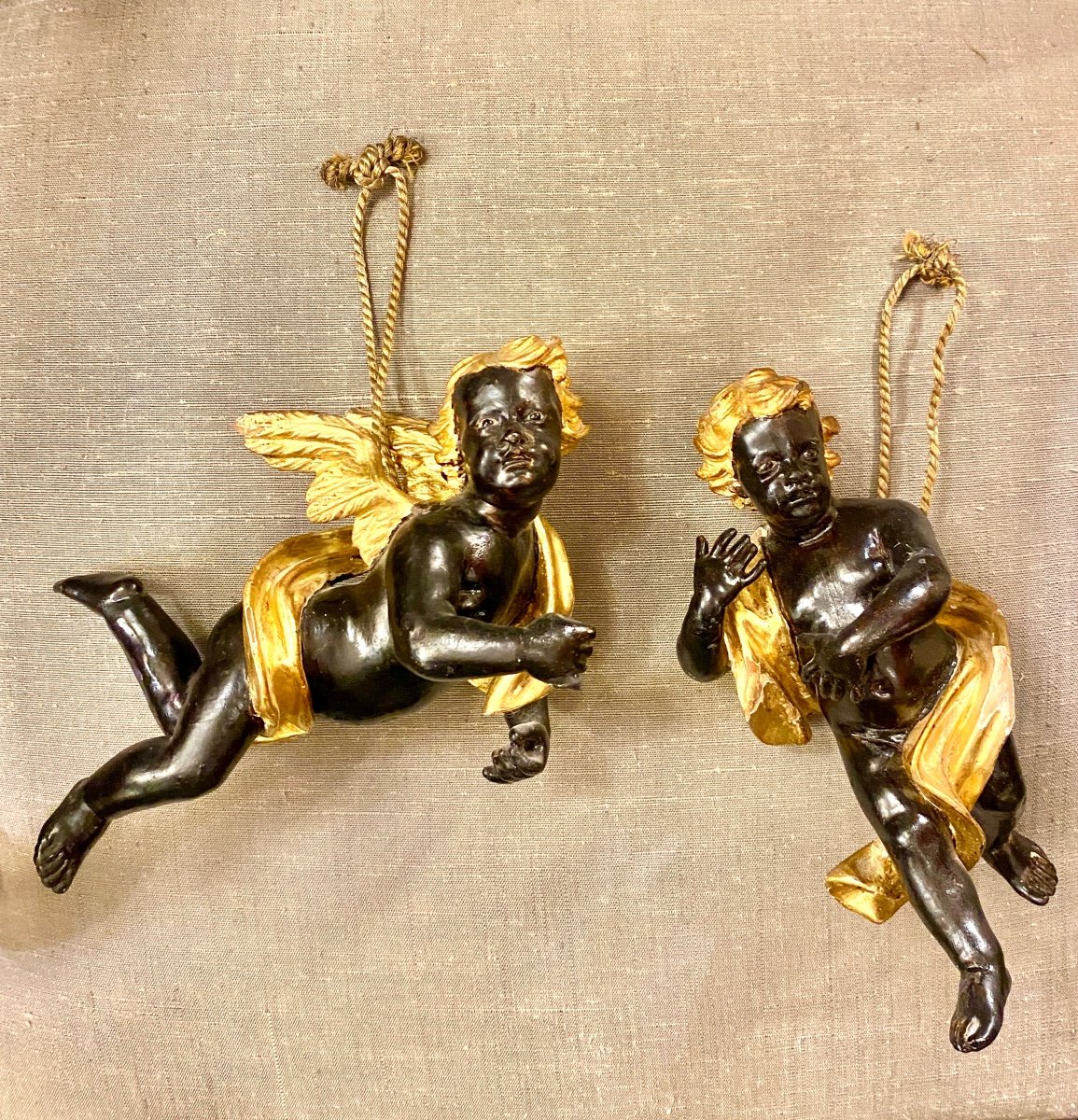 Venetian Cherub And Putto, 18th In Black And Golden Wood
