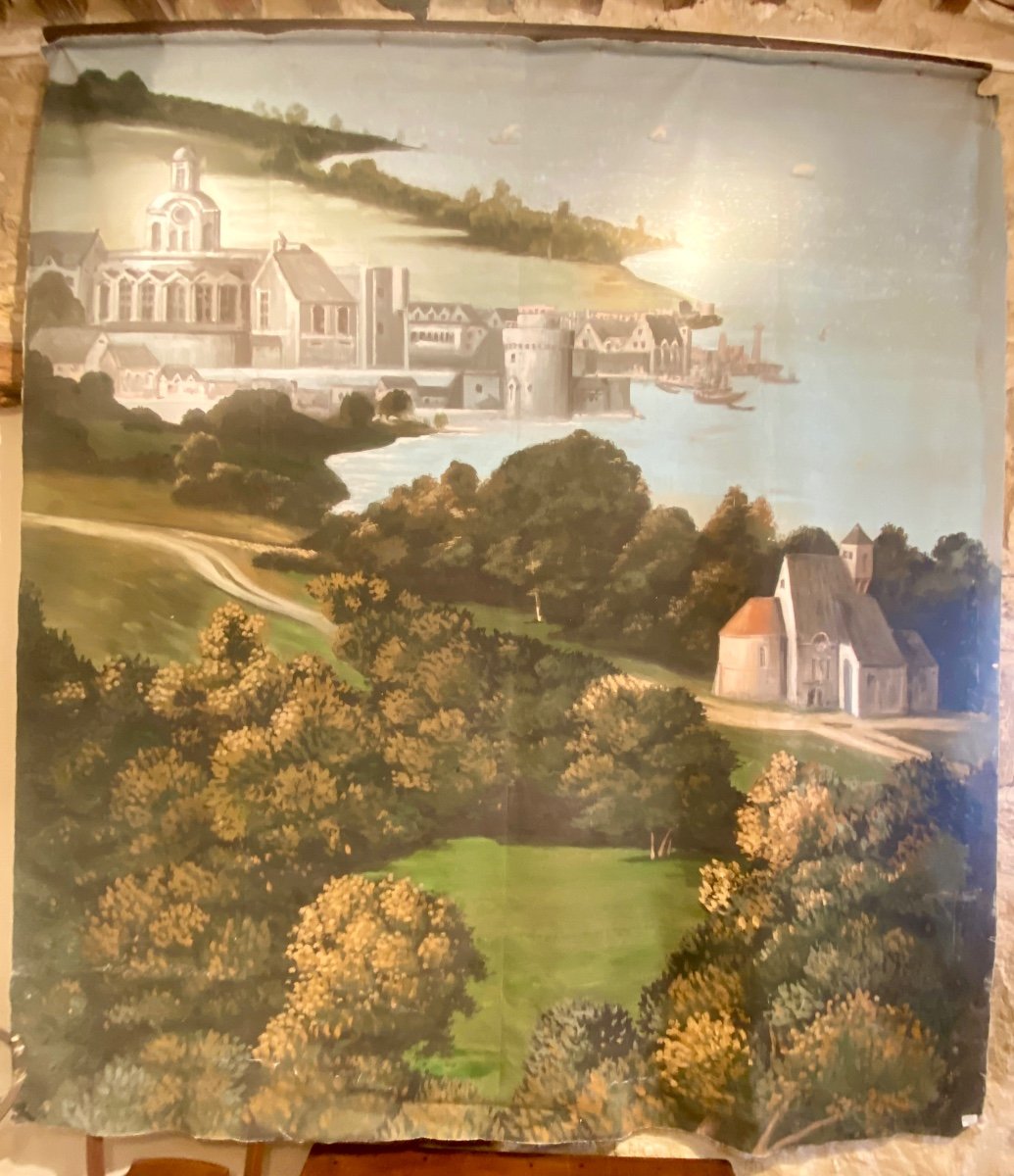 Décors  Peint D’un Village Médiéval Au Bord D’un Lac,  19ème 