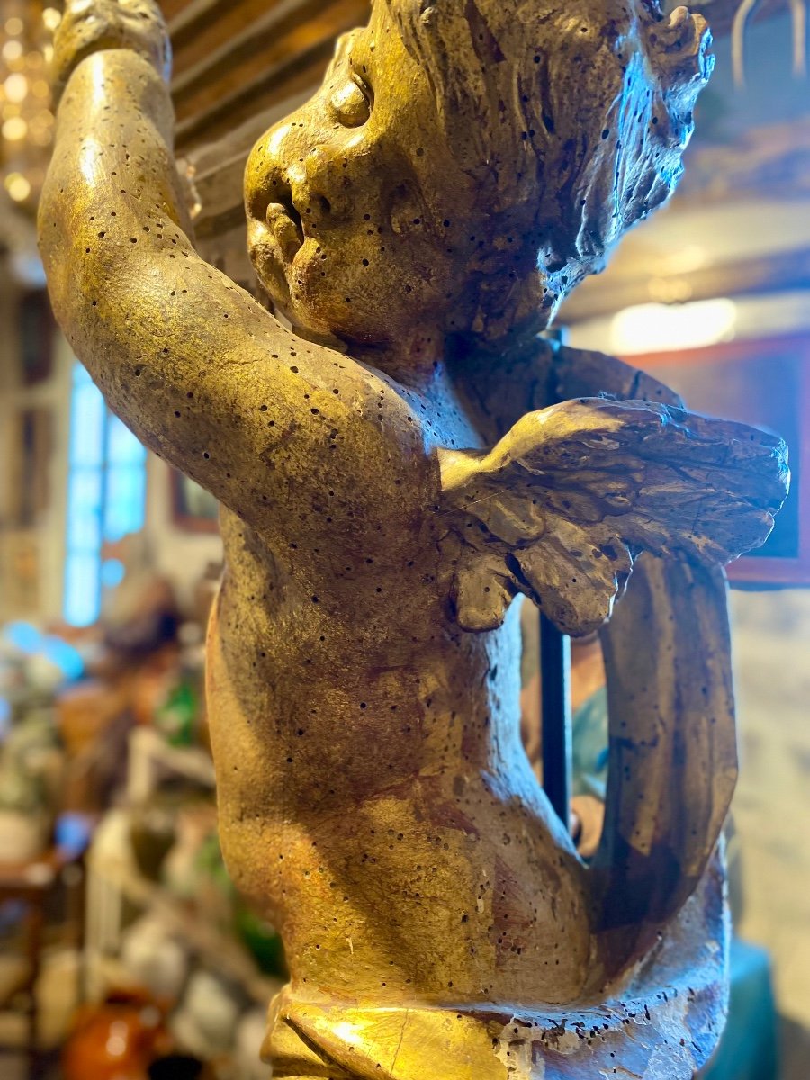 Angelot Doré en Bois, XVIIIe Siècle, Sur Colonne de Marbre Jaune de Sienne-photo-4