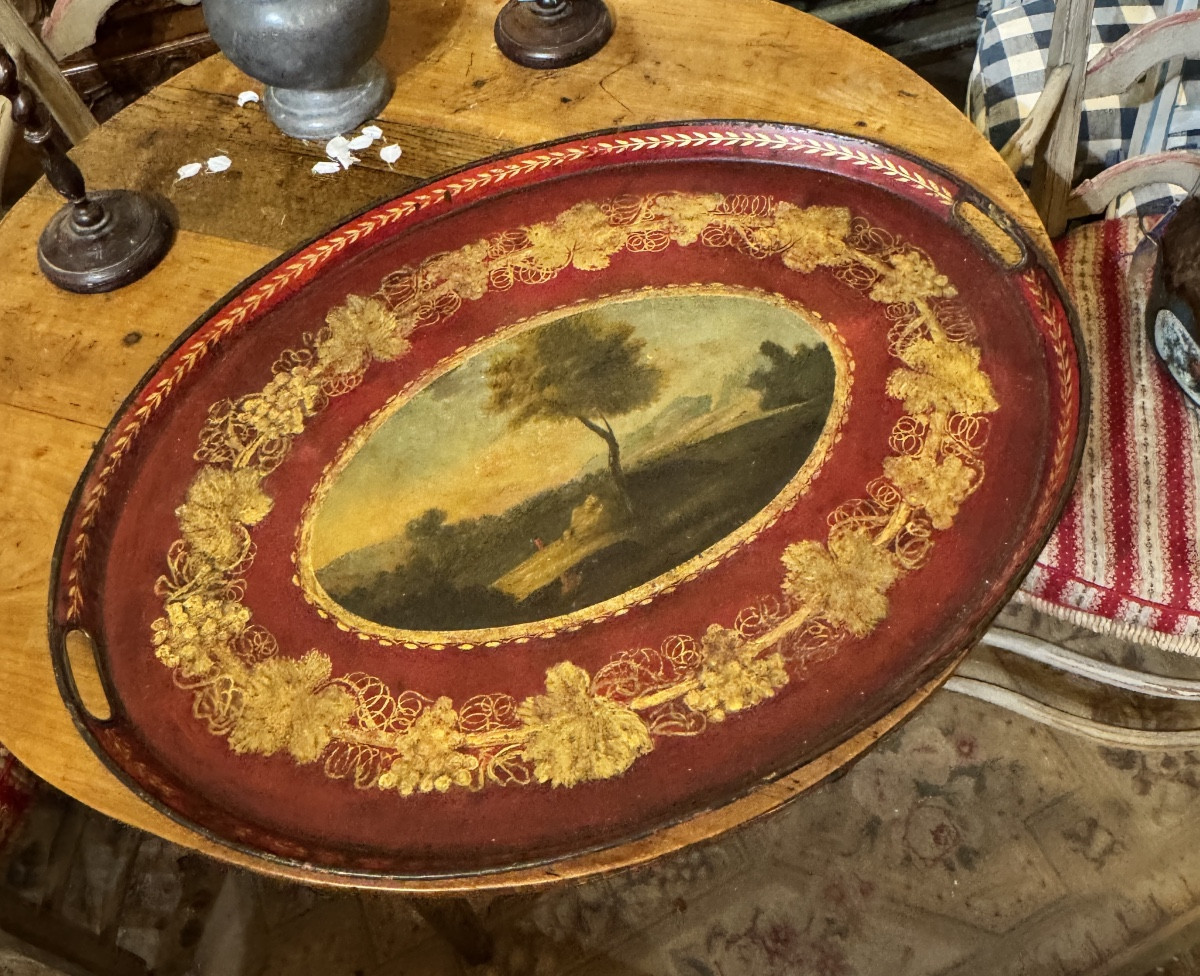 Painted Sheet Metal Tray, Landscape Decor – Directoire Period