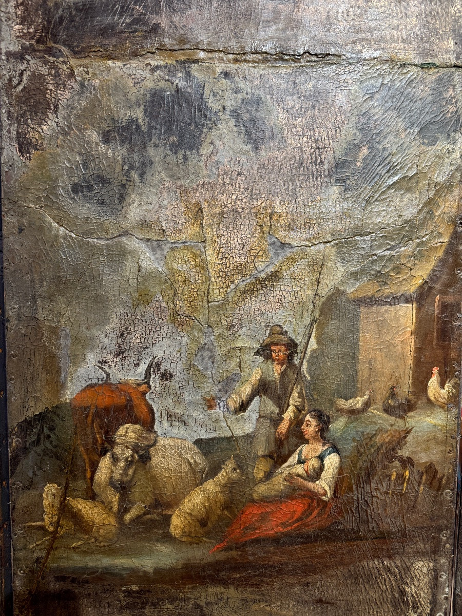 Paravent Italien deux parties, six feuilles en cuir peint et argenté, scènes champêtres  XVIIe -photo-2