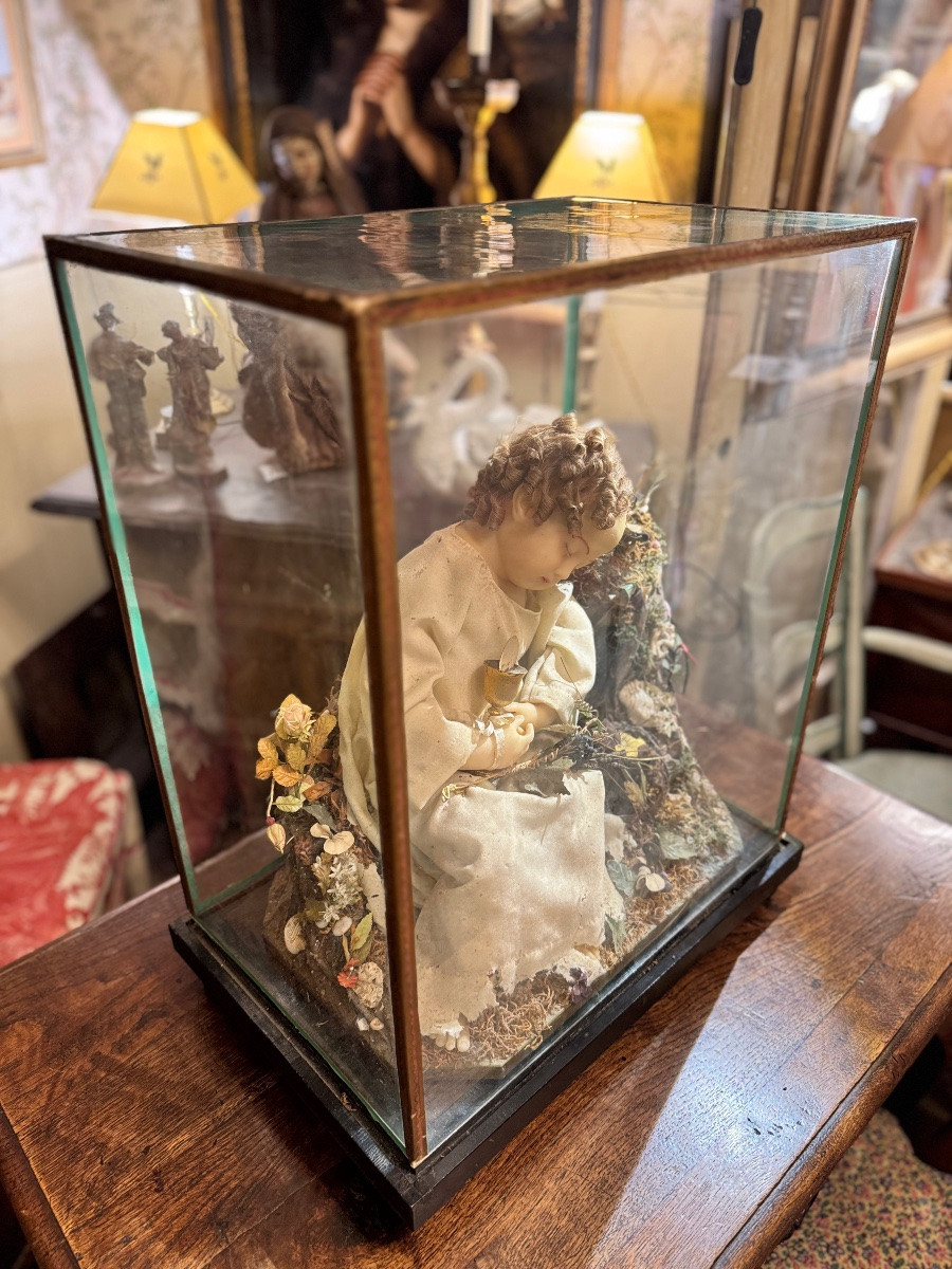 Enfant Jésus en cire sous cloche 19e siècle-photo-7