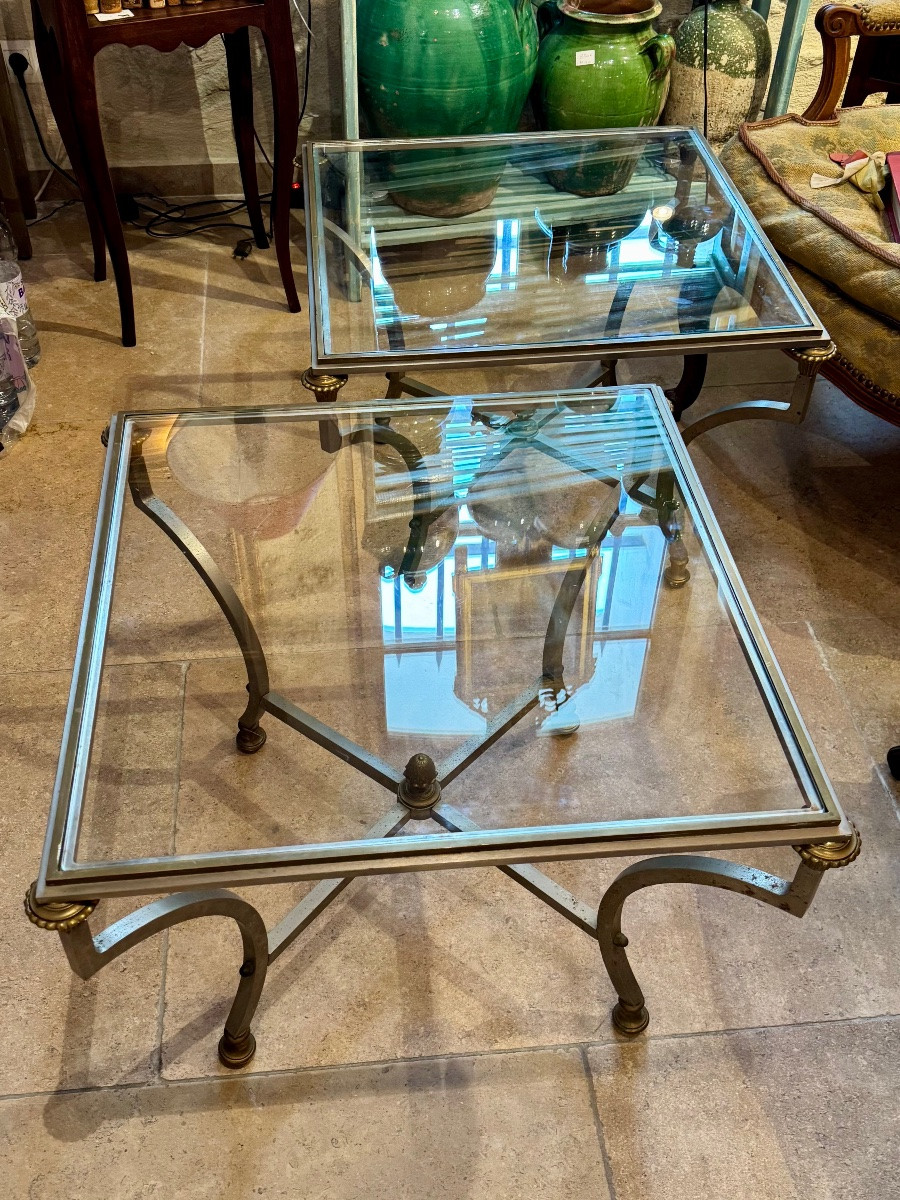 Paire de tables basses italiennes en fer et bronze, circa 1950-photo-5