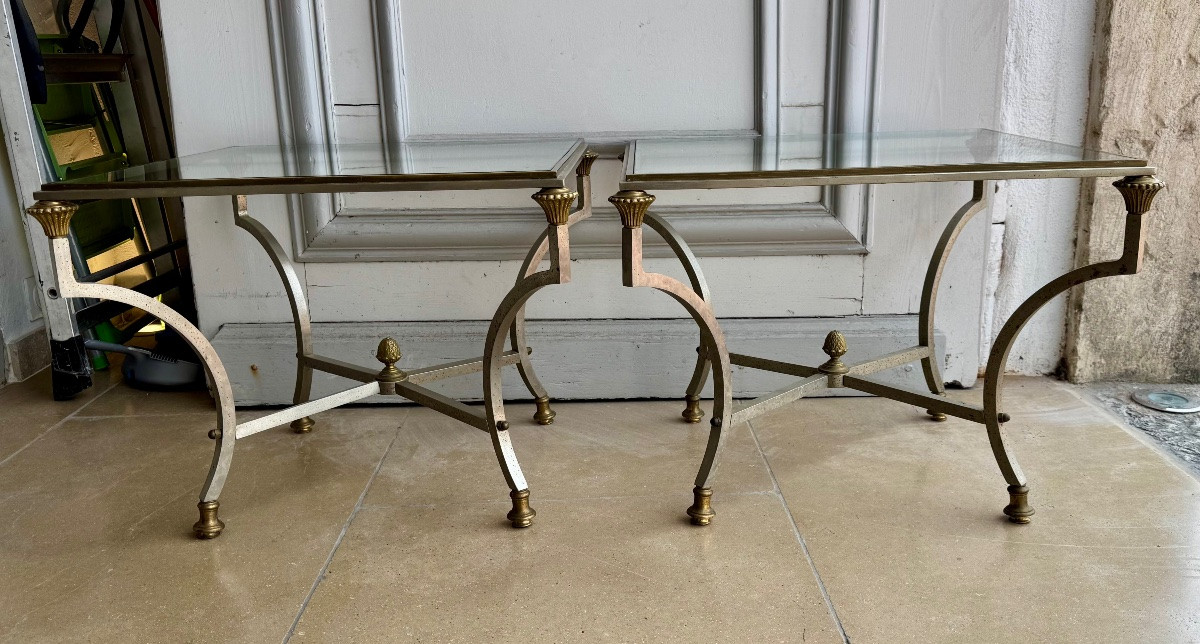 Paire de tables basses italiennes en fer et bronze, circa 1950-photo-6