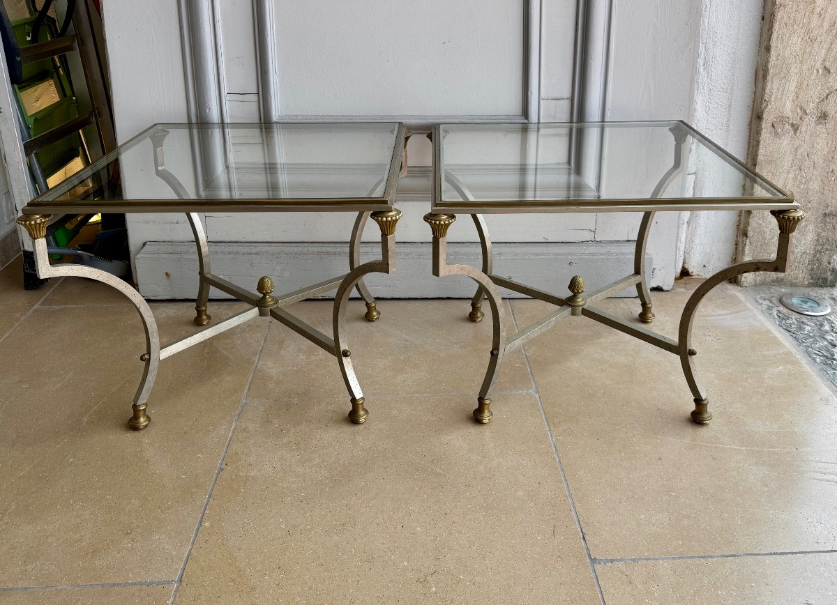 Paire de tables basses italiennes en fer et bronze, circa 1950-photo-7