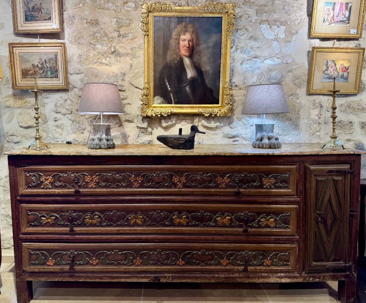 Large Sacristy Cabinet In Painted And Carved Wood From The End Of The 17th Century