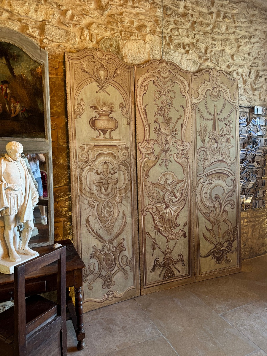Six-leaf Screen, Grotesque Decoration, Double-sided Painted Canvas, 17th Century-photo-3
