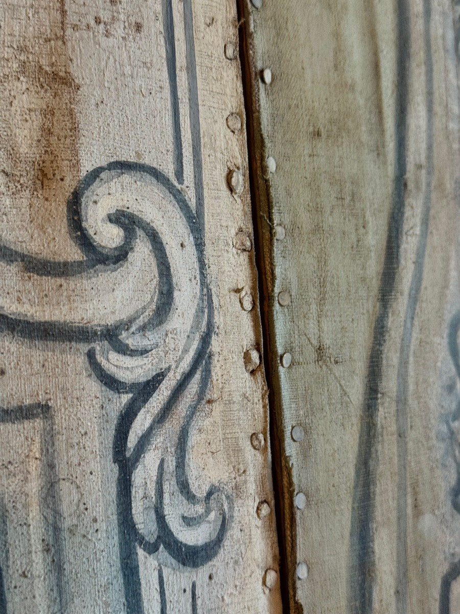 Six-leaf Screen, Grotesque Decoration, Double-sided Painted Canvas, 17th Century-photo-4