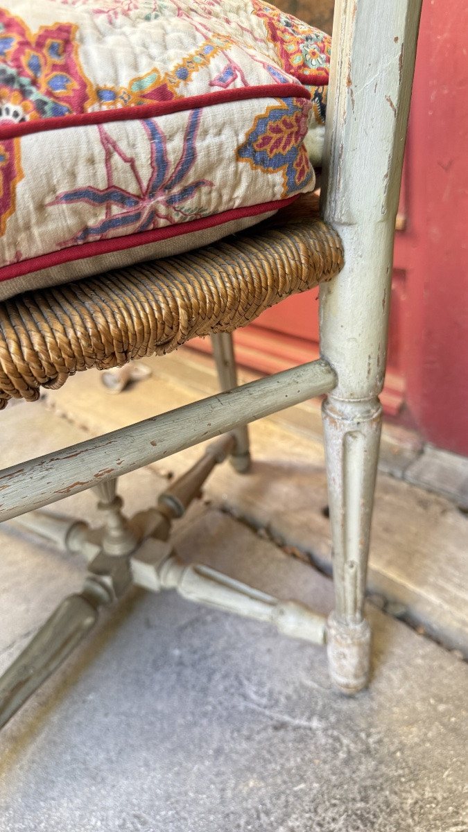 Pair Of 18th Century Straw Armchairs, Louis XVI Decor, Original Paint-photo-5