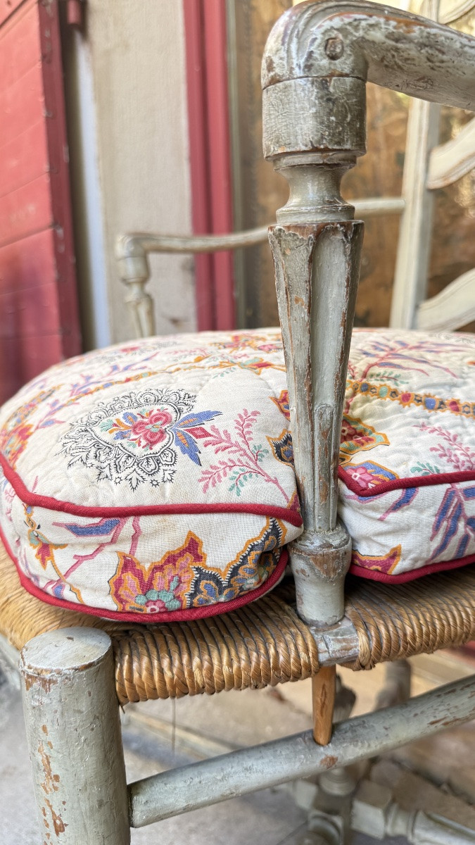 Pair Of 18th Century Straw Armchairs, Louis XVI Decor, Original Paint-photo-6