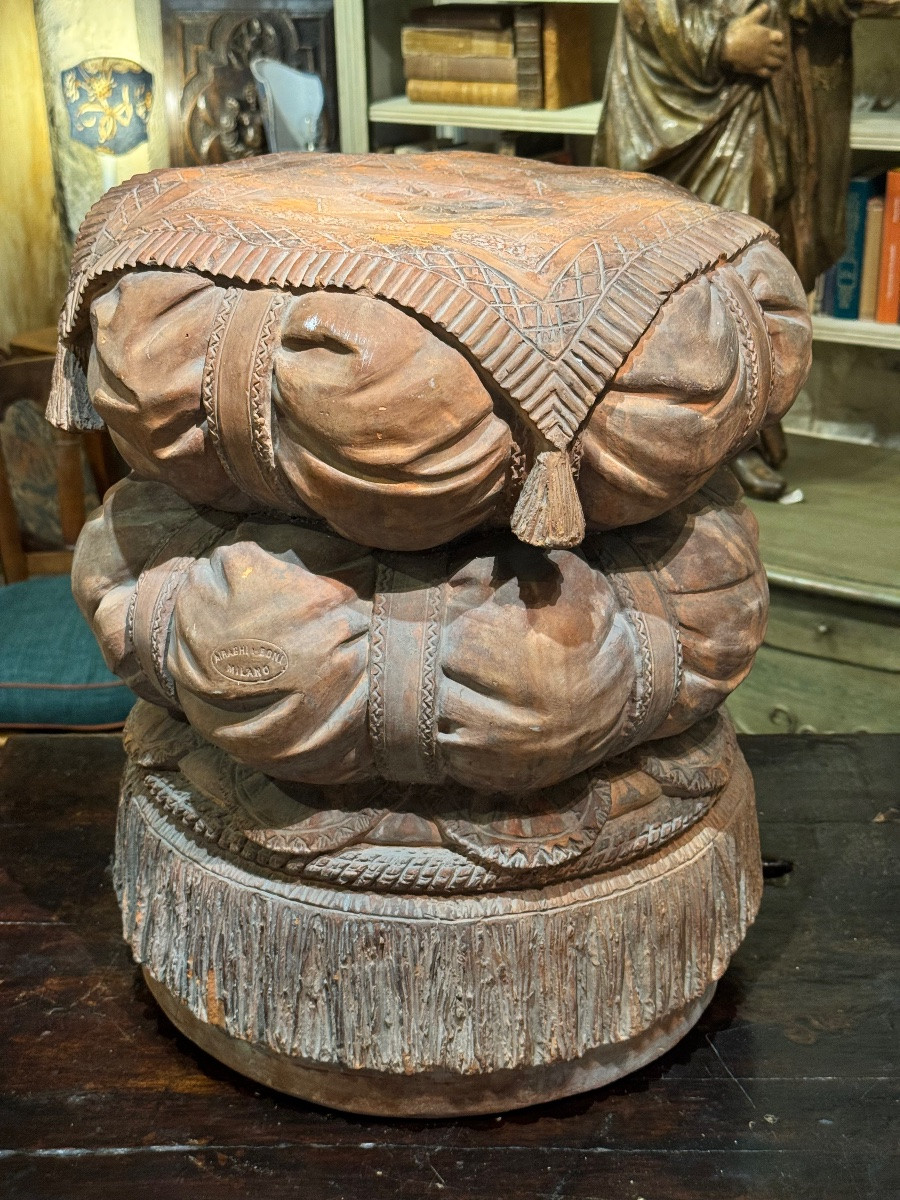 Terracotta Stool Signed Araghi E Leoni, Milan, Circa 1880-1900-photo-3