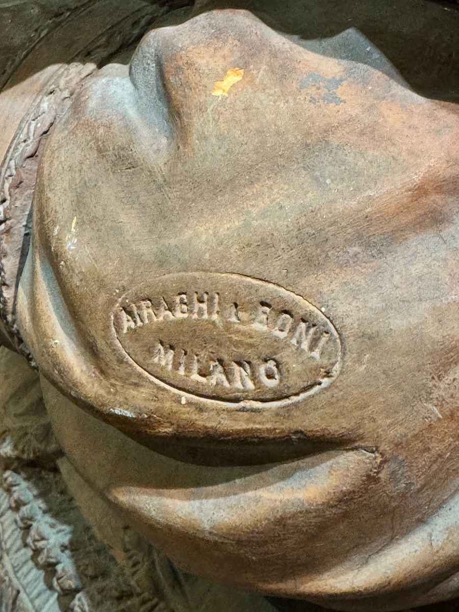 Terracotta Stool Signed Araghi E Leoni, Milan, Circa 1880-1900-photo-1
