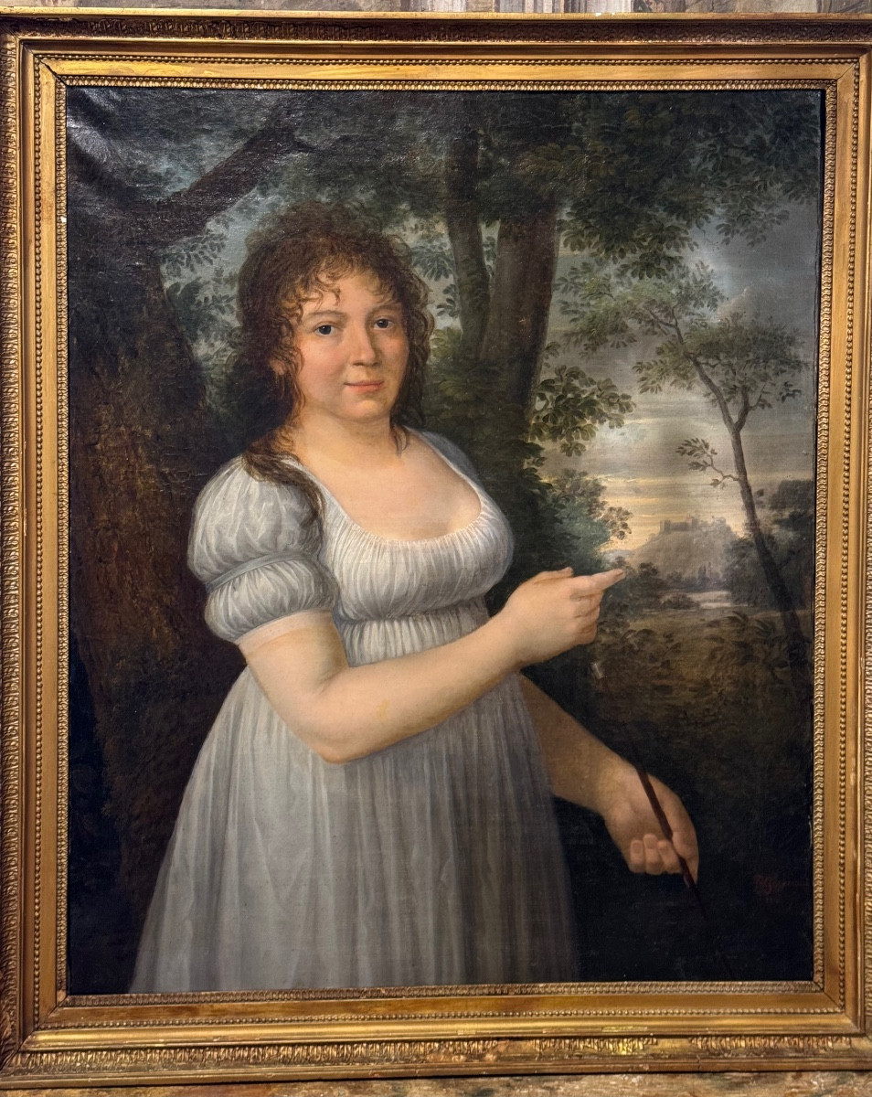 Portrait de femme Peintre au paysage – signé B. Gagneraux, 1800