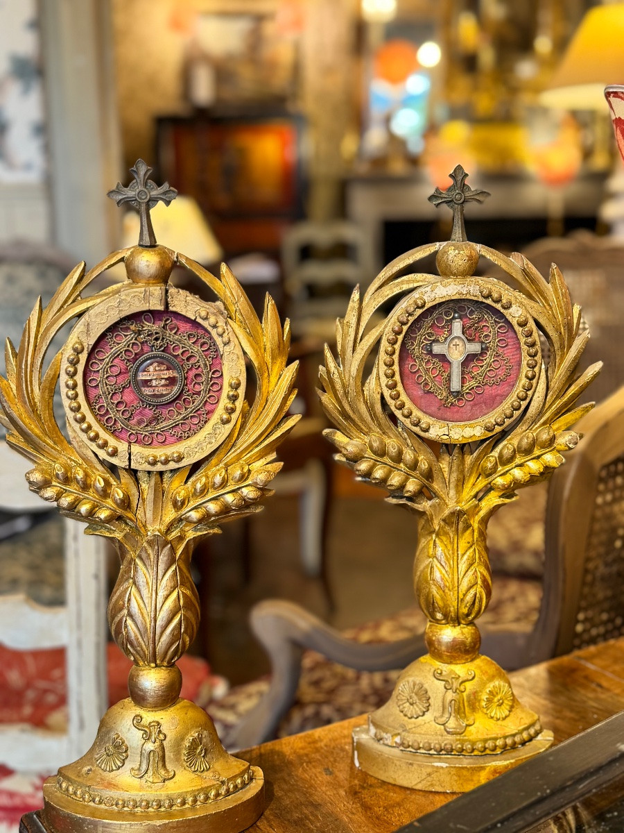Paire de reliquaires en bois doré, fin XIXe – Reliques de la Vraie Croix et de Saintes,-photo-7