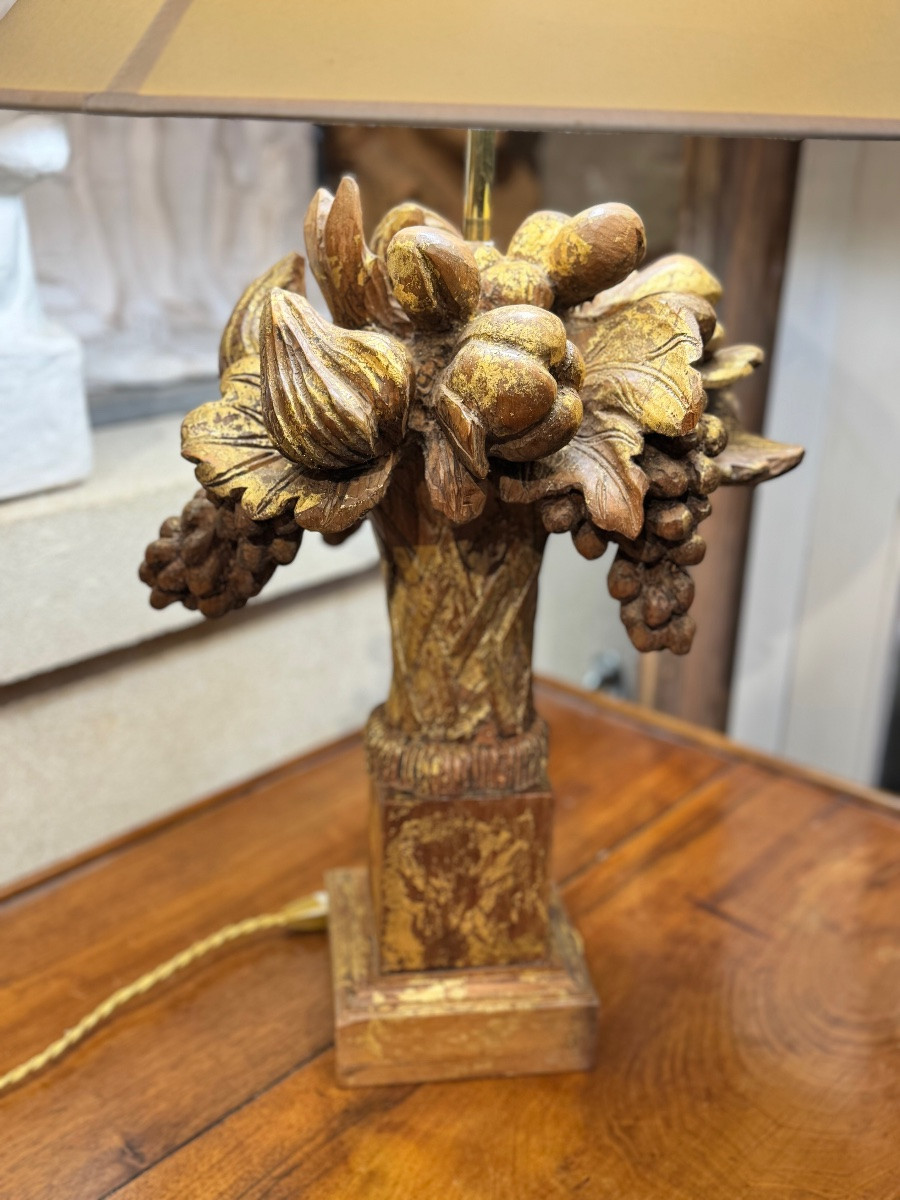 Lamp With Fruit Decoration In Gilded Wood-photo-3