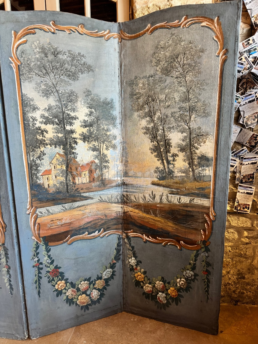Paravent à quatre feuilles, toile peinte – Provence, XVIIIᵉ siècle-photo-2