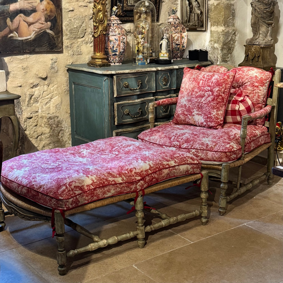Large Armchair With Footrest – Painted Wood, Late 18th Century Turning