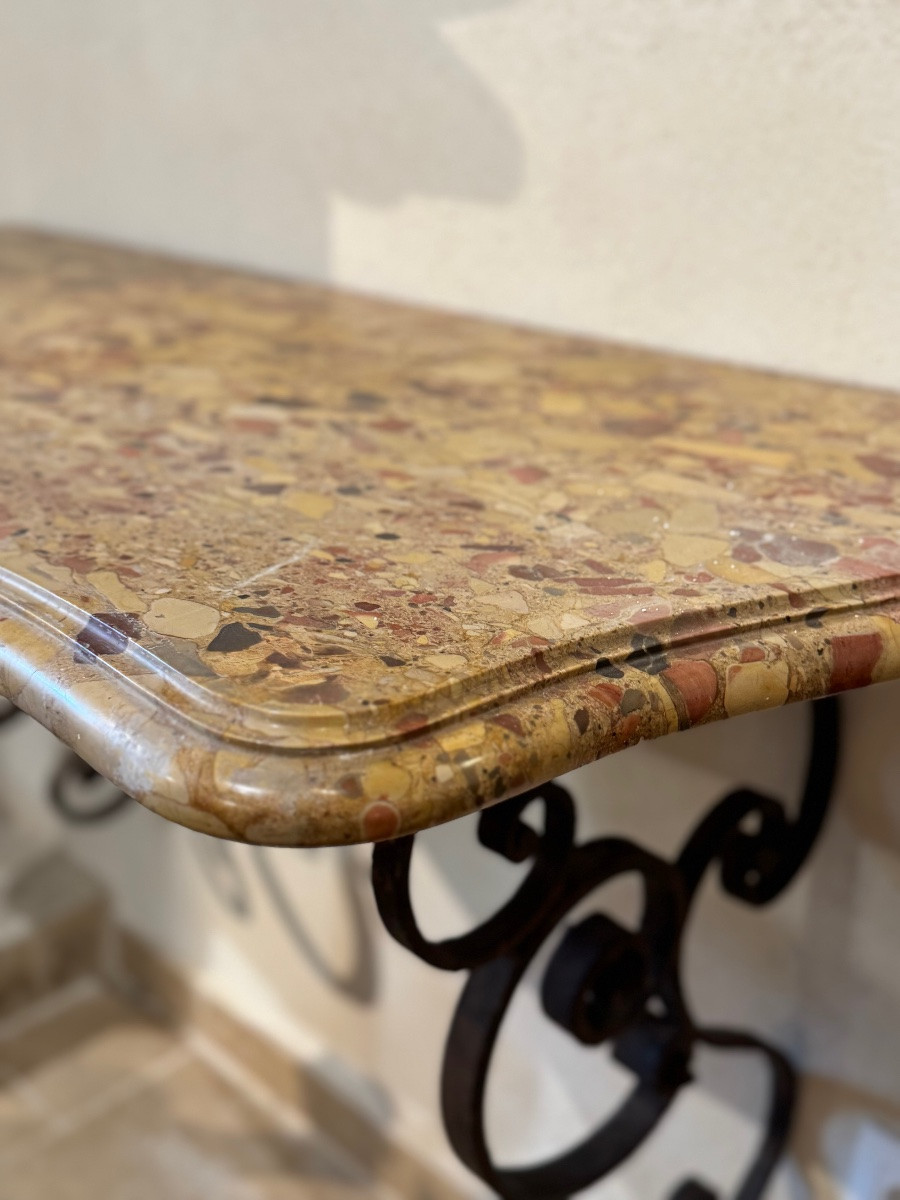 Pair Of Wrought Iron Consoles, 18th Century Interlacing, Top In Tholonet Breccia-photo-2