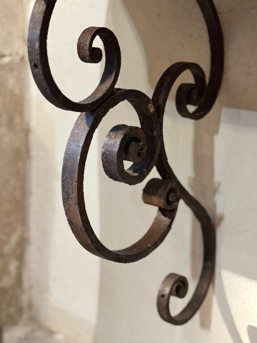 Pair Of Wrought Iron Consoles, 18th Century Interlacing, Top In Tholonet Breccia-photo-4
