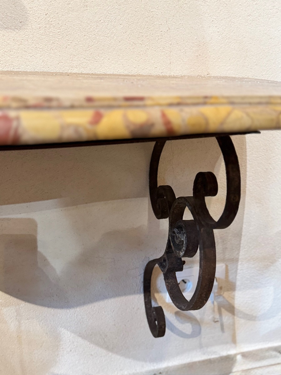 Pair Of Wrought Iron Consoles, 18th Century Interlacing, Top In Tholonet Breccia-photo-1