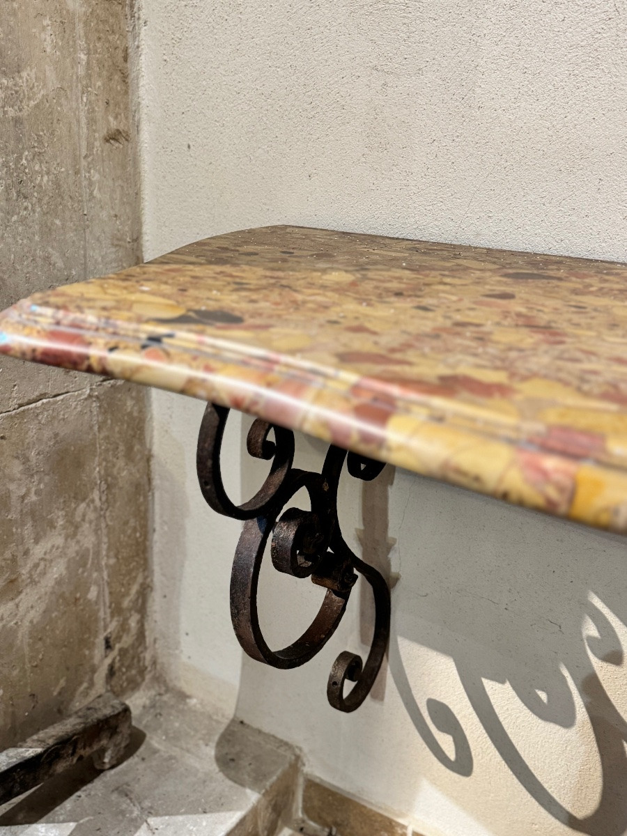 Pair Of Wrought Iron Consoles, 18th Century Interlacing, Top In Tholonet Breccia-photo-2