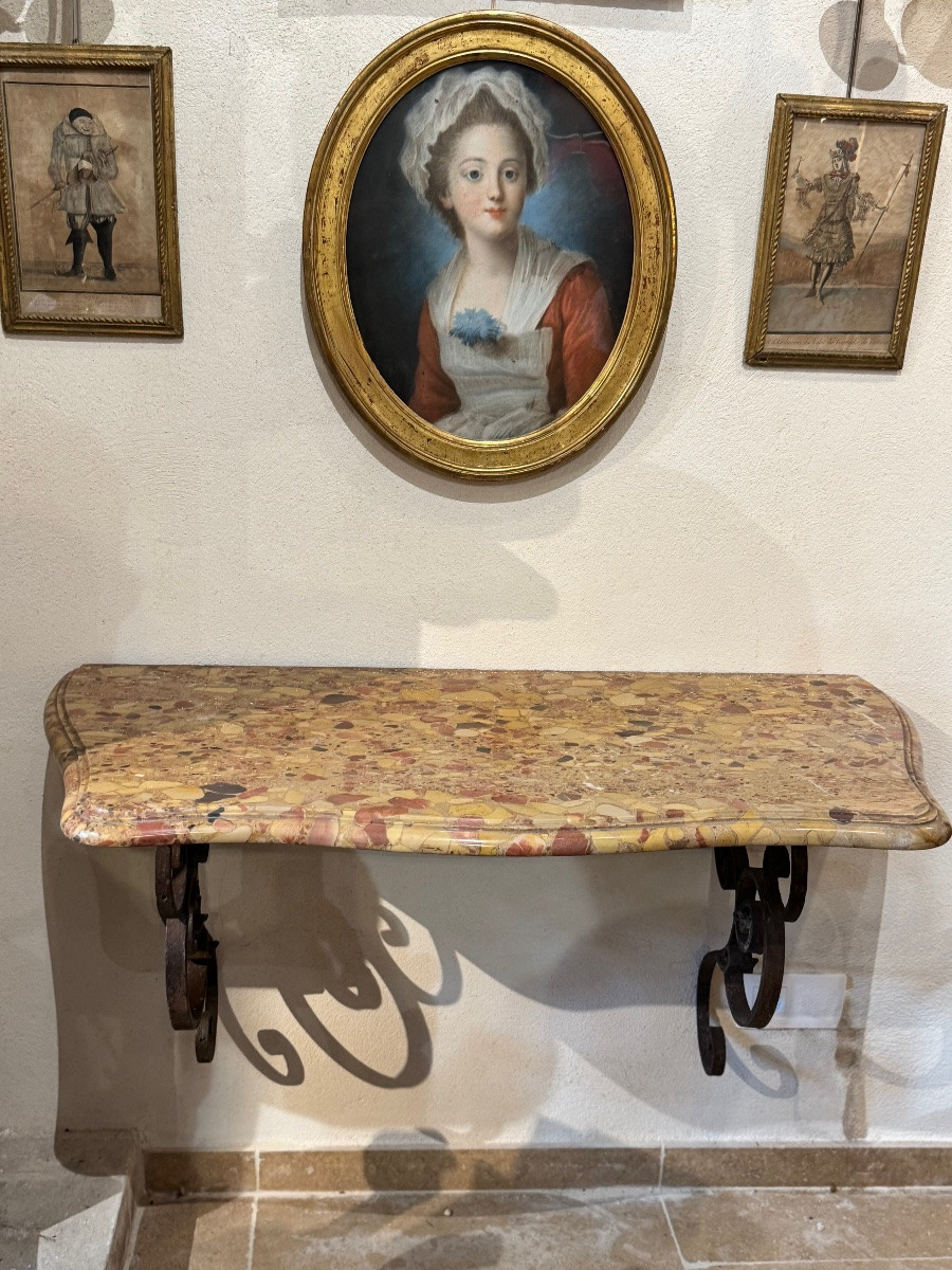 Pair Of Wrought Iron Consoles, 18th Century Interlacing, Top In Tholonet Breccia-photo-3