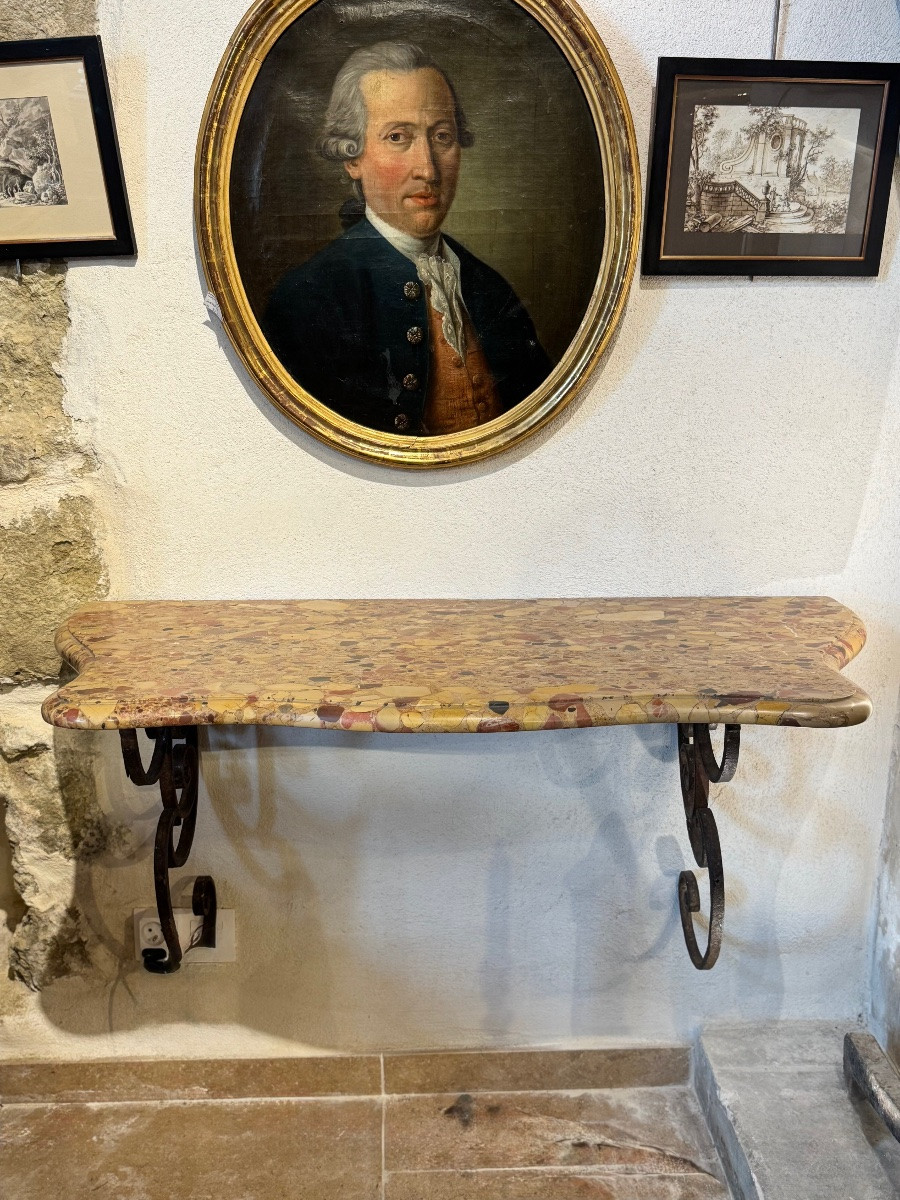Pair Of Wrought Iron Consoles, 18th Century Interlacing, Top In Tholonet Breccia-photo-4