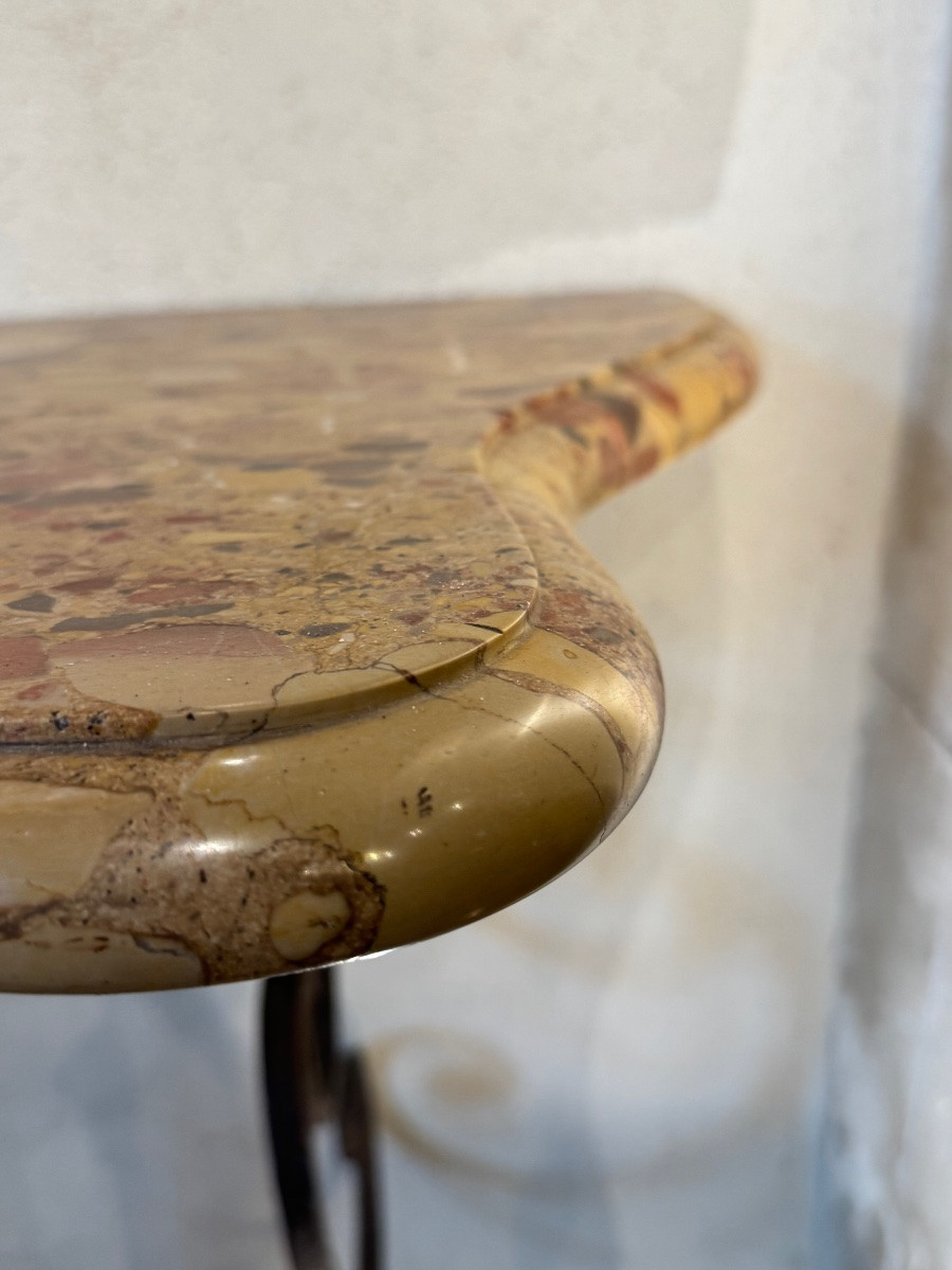Pair Of Wrought Iron Consoles, 18th Century Interlacing, Top In Tholonet Breccia-photo-5
