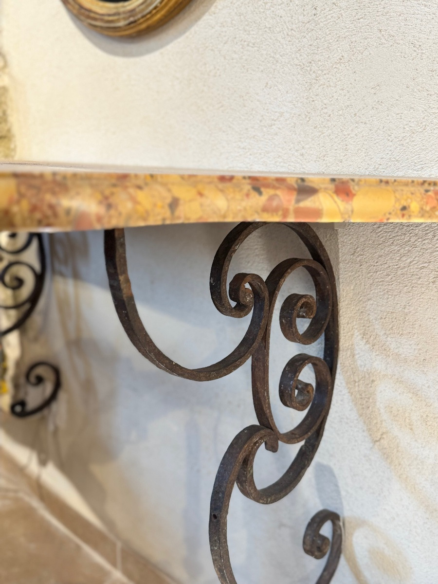 Pair Of Wrought Iron Consoles, 18th Century Interlacing, Top In Tholonet Breccia-photo-6