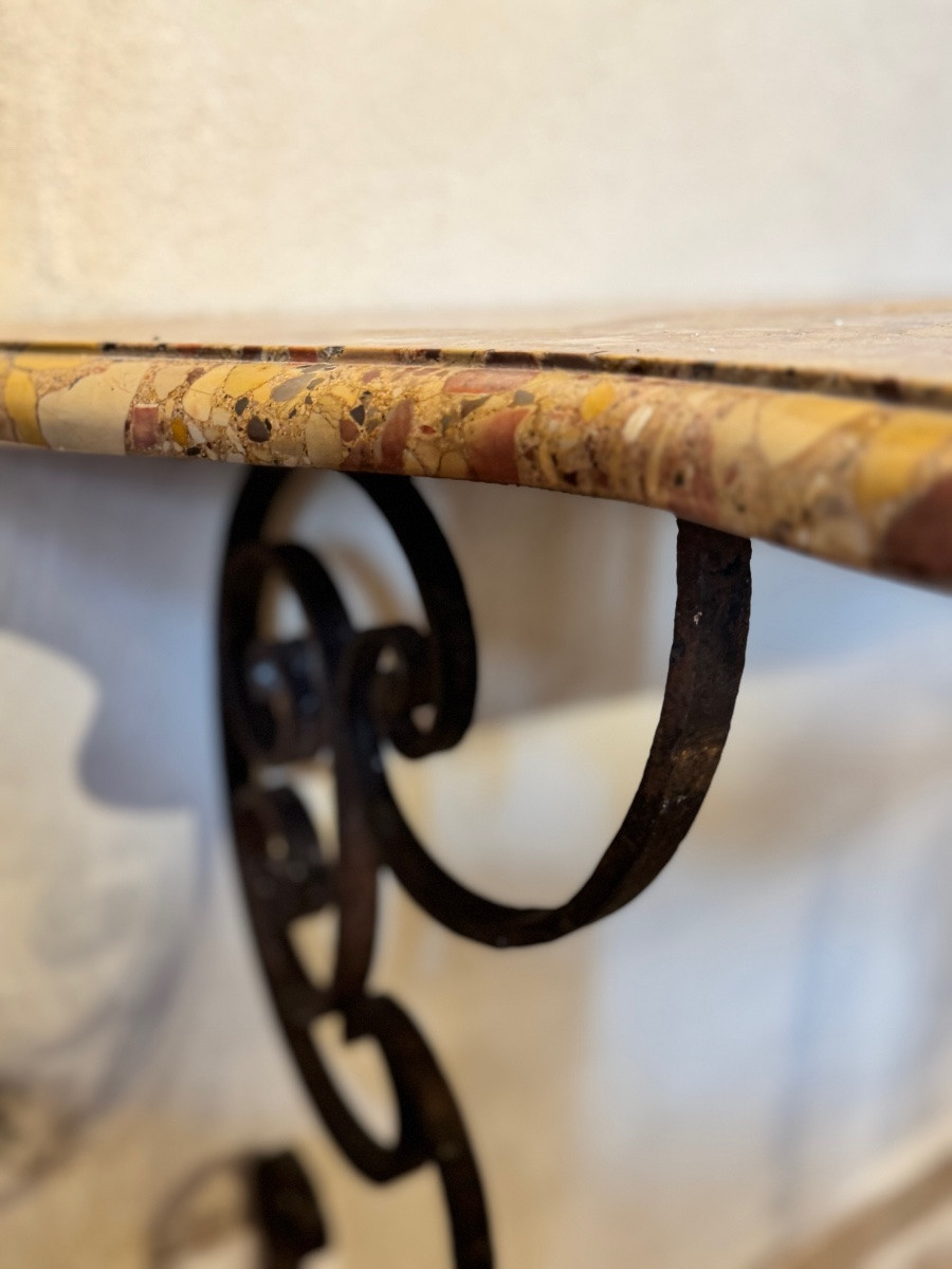 Pair Of Wrought Iron Consoles, 18th Century Interlacing, Top In Tholonet Breccia-photo-7