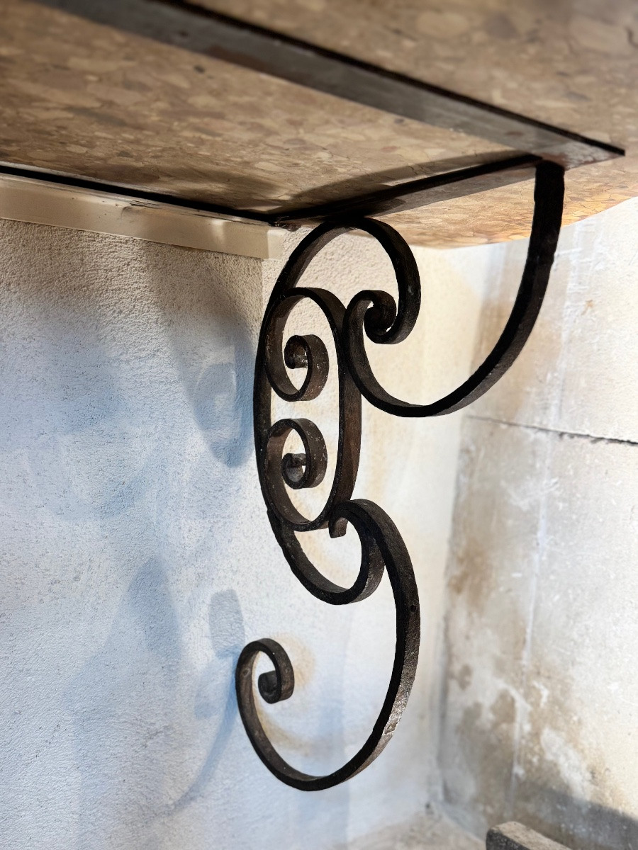 Pair Of Wrought Iron Consoles, 18th Century Interlacing, Top In Tholonet Breccia-photo-8