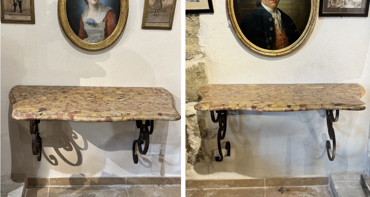 Pair Of Wrought Iron Consoles, 18th Century Interlacing, Top In Tholonet Breccia
