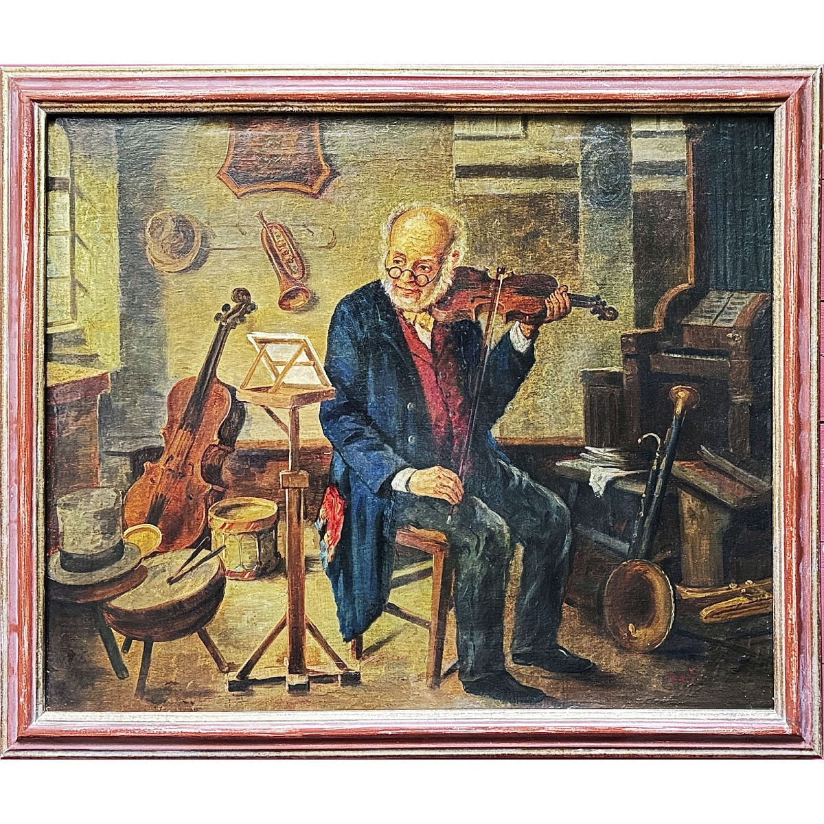 Musicien dans son atelier – Huile sur toile signée, seconde moitié du XIXᵉ siècle